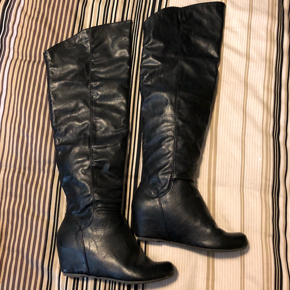 Black Leather Knee Boot Wedges